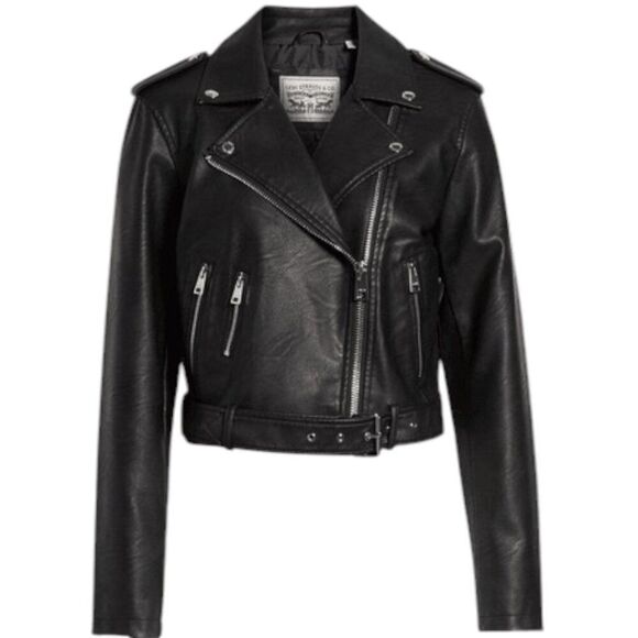 Levi's Women's Size S Vegan Leather Belted Hem Cropped Moto Jacket - Picture 1 of 11